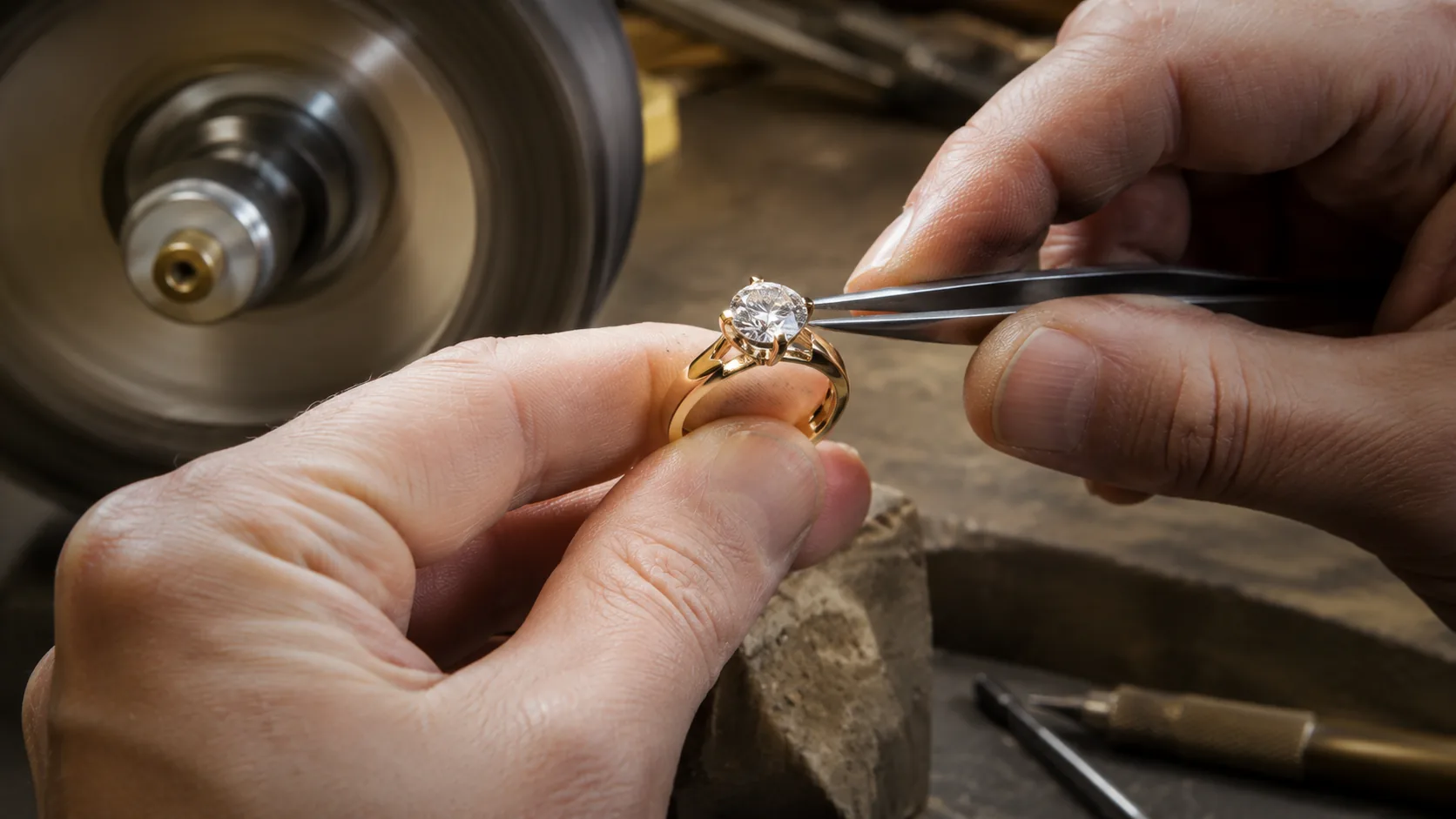 Hands adjusting a stone on a gold ring