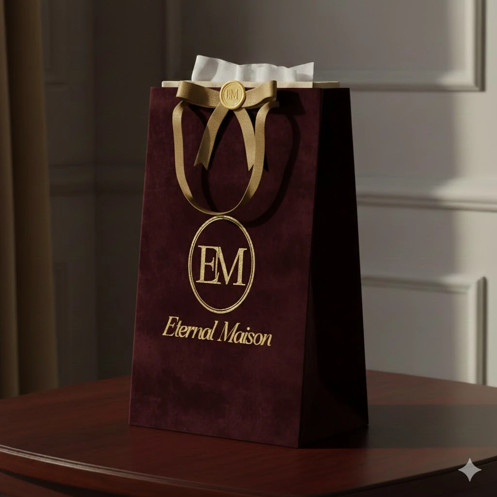 Propuesta visual de bolsa burdeos con textura de terciopelo y lazo dorado