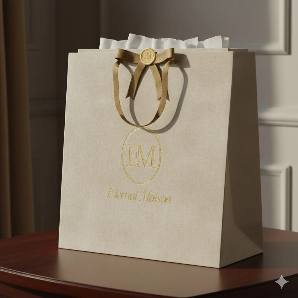 Propuesta visual de bolsa clara Eternal Maison con lazo dorado