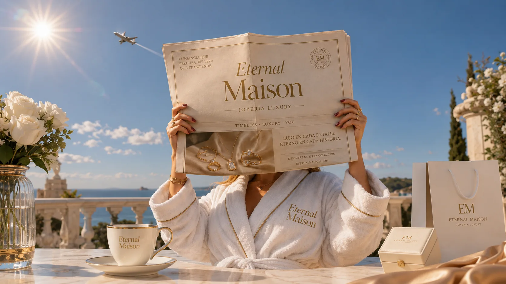 A woman on a terrace by the sea holds a newspaper titled Eternal Maison