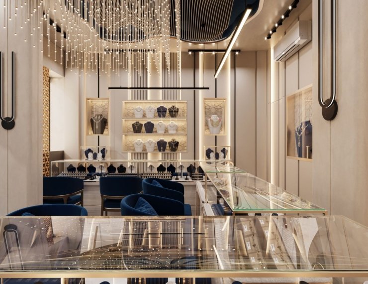 Showroom minimalista de joyeria de oro 18K