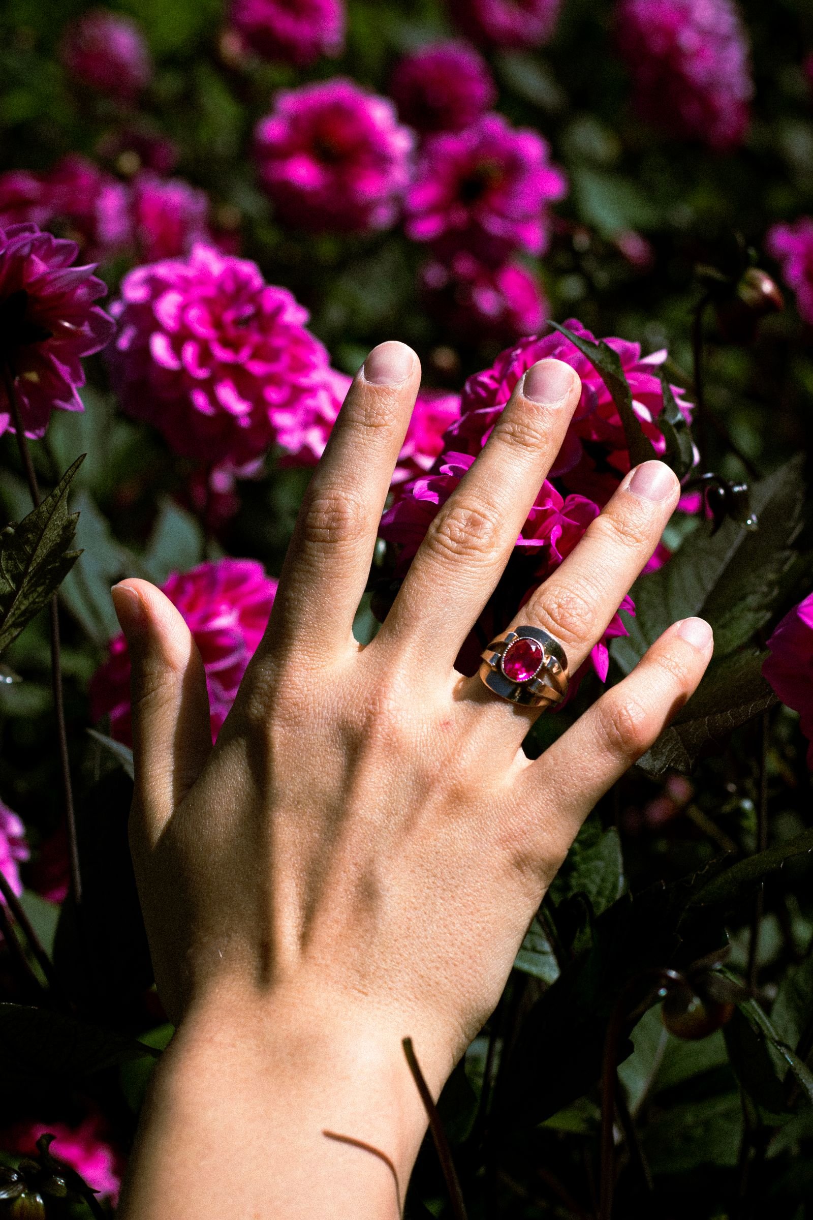 Detalle de gema rubí en joyería de oro 18K
